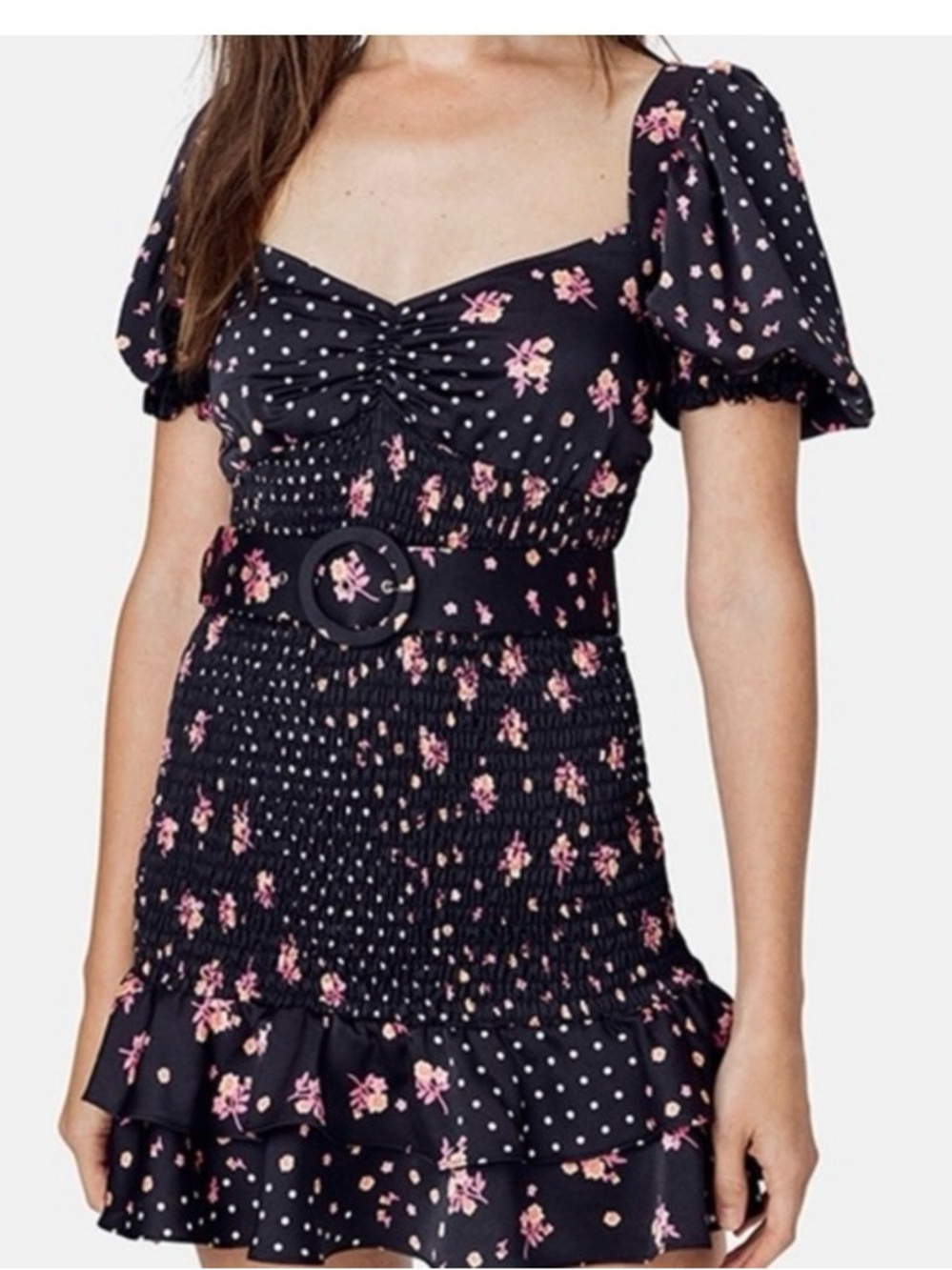 For Love & Lemons Black Mini Dress with Pink Floral and White Polka Dots